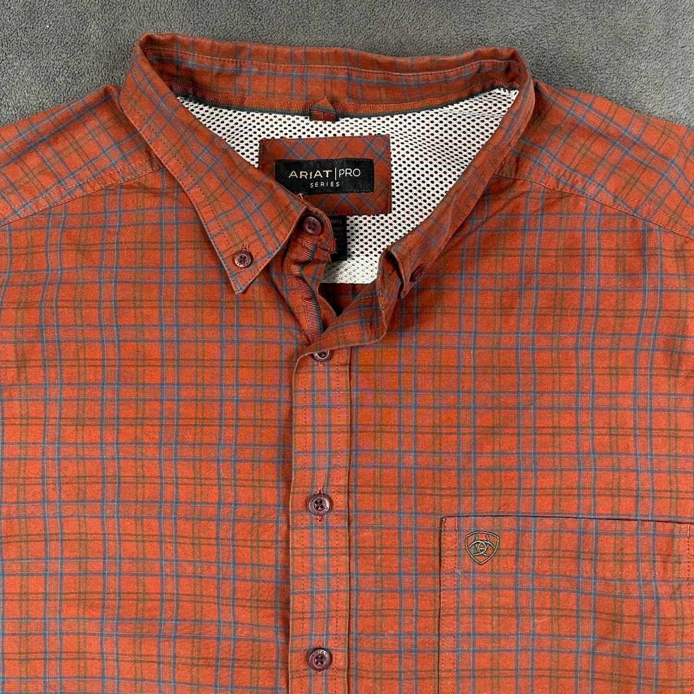 Ariat Pro Wrenn Shirt Mens XXL Tall Orange Plaid Stretch Long Sleeve Button Up